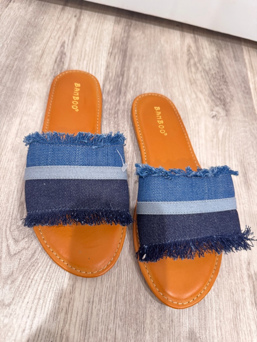 Bamboo Denim Slide Sandals Size 7.5 Frayed Strap Casual Summer Slides